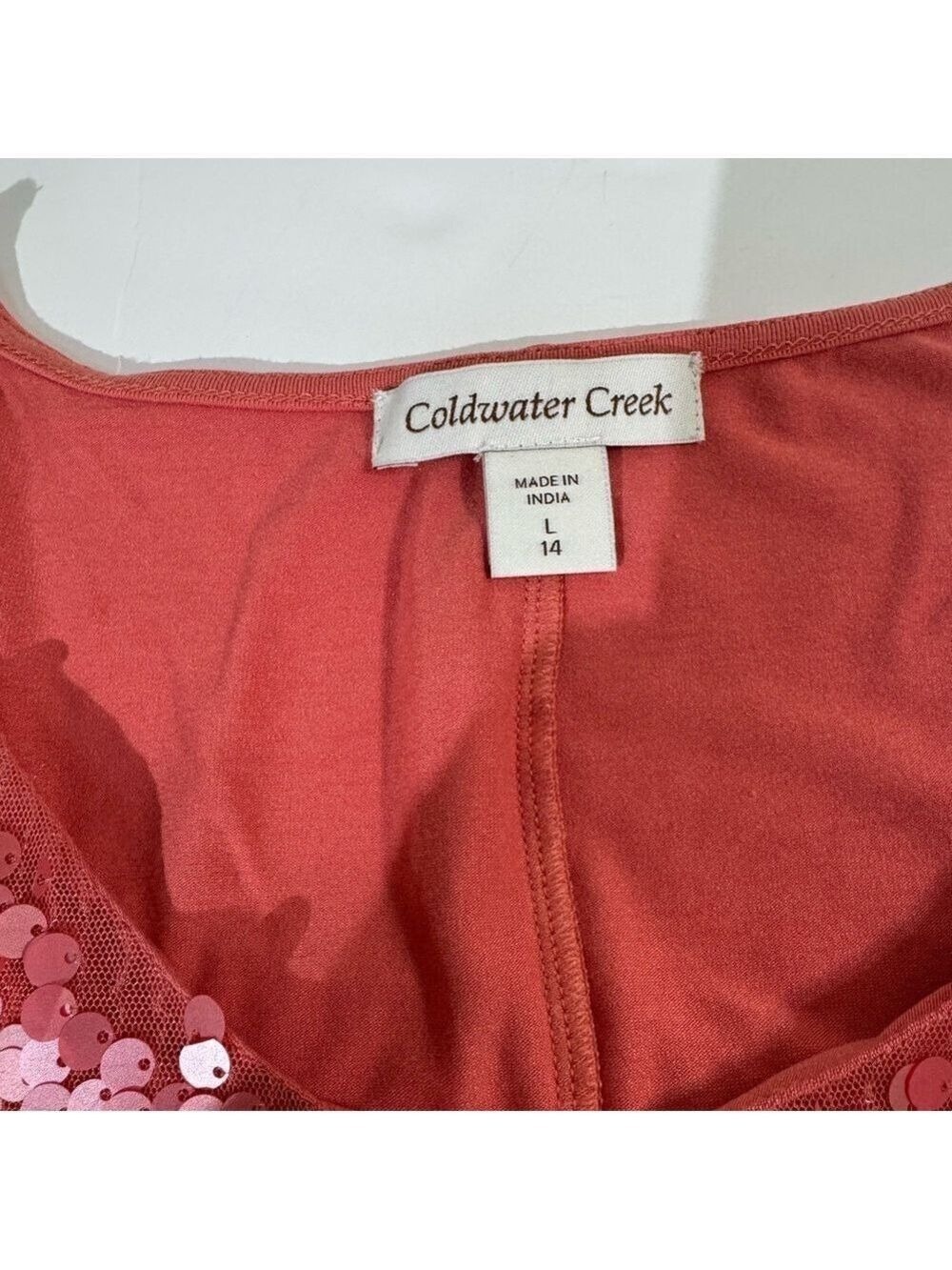 Coldwater Creek Coral Sequin Short Sleeve Top Large - Picture 3 of 7